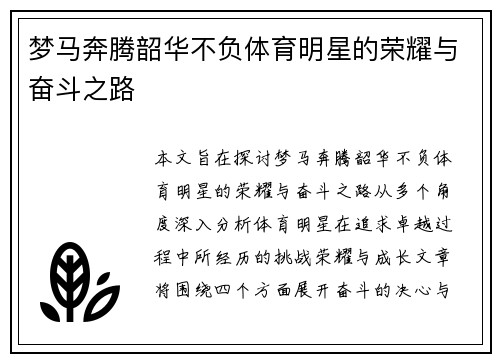 梦马奔腾韶华不负体育明星的荣耀与奋斗之路