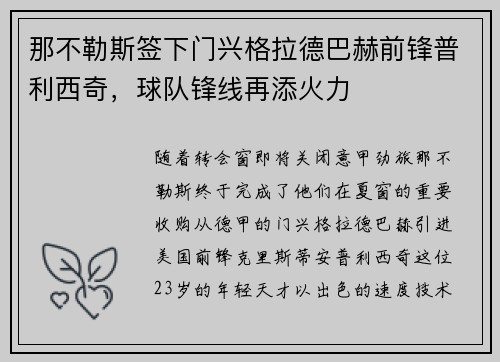 那不勒斯签下门兴格拉德巴赫前锋普利西奇，球队锋线再添火力